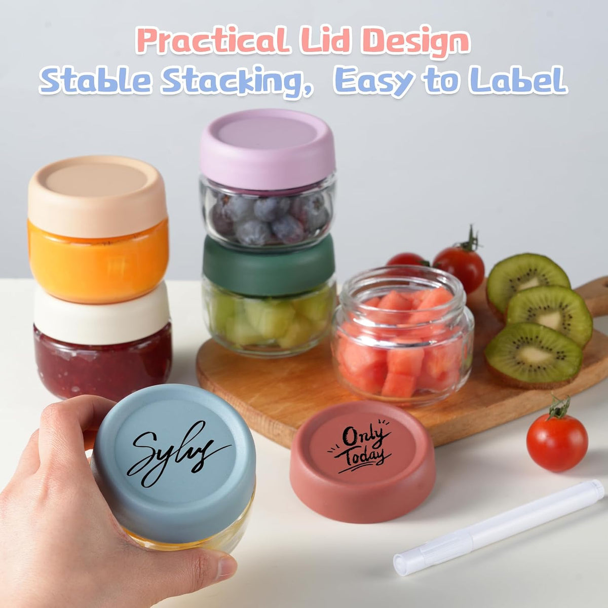 Glass Baby Food Storage Containers, Baby Food Jars, Small Glass Containers with Lids, 4 oz Leakproof Baby Food Storage Containers, BPA Free Microwave/Freezer/Dishwasher Safe, Kids Spoon Fork