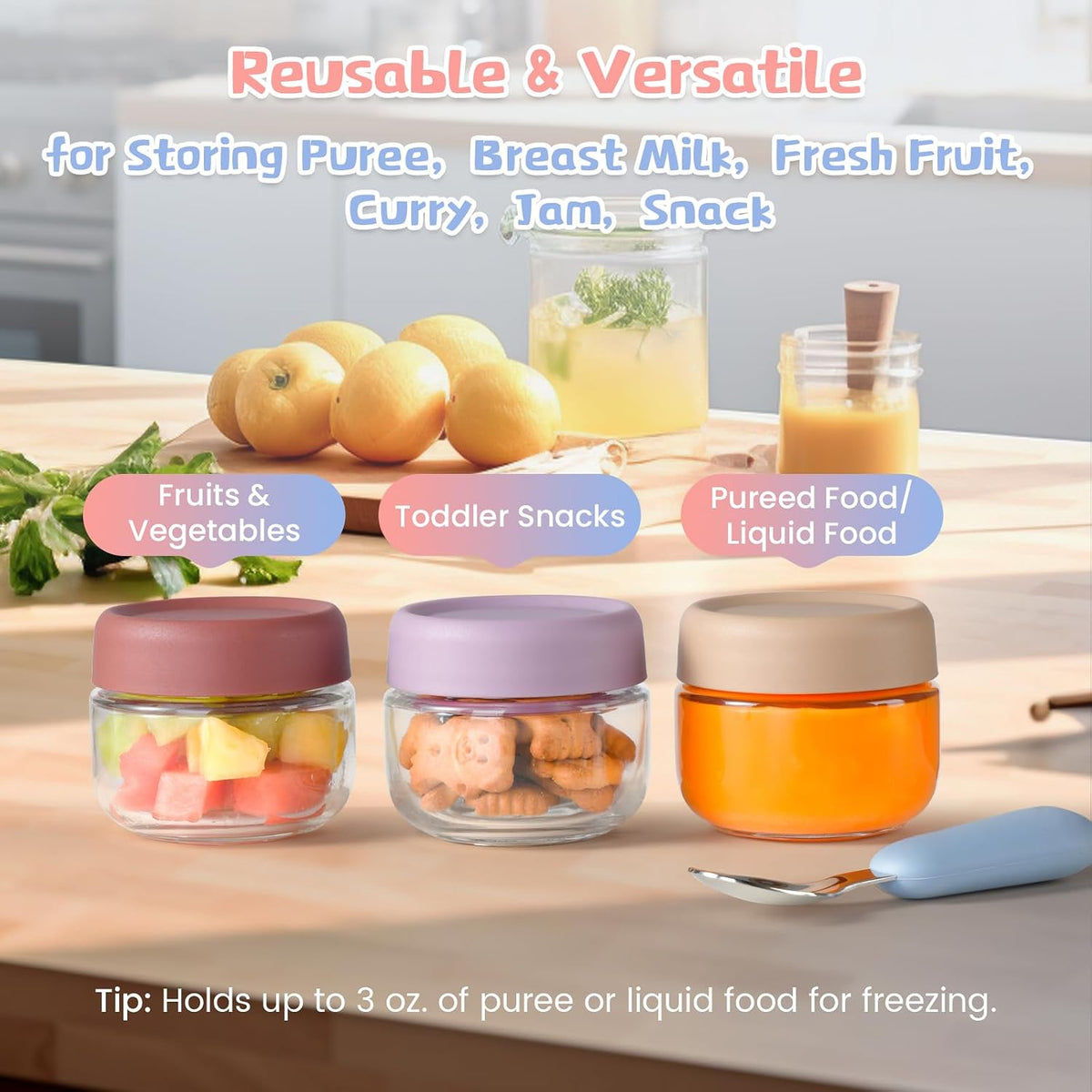 Glass Baby Food Storage Containers, Baby Food Jars, Small Glass Containers with Lids, 4 oz Leakproof Baby Food Storage Containers, BPA Free Microwave/Freezer/Dishwasher Safe, Kids Spoon Fork