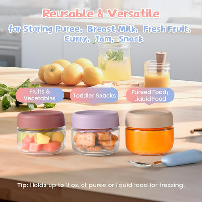 Glass Baby Food Storage Containers, Baby Food Jars, Small Glass Containers with Lids, 4 oz Leakproof Baby Food Storage Containers, BPA Free Microwave/Freezer/Dishwasher Safe, Kids Spoon Fork