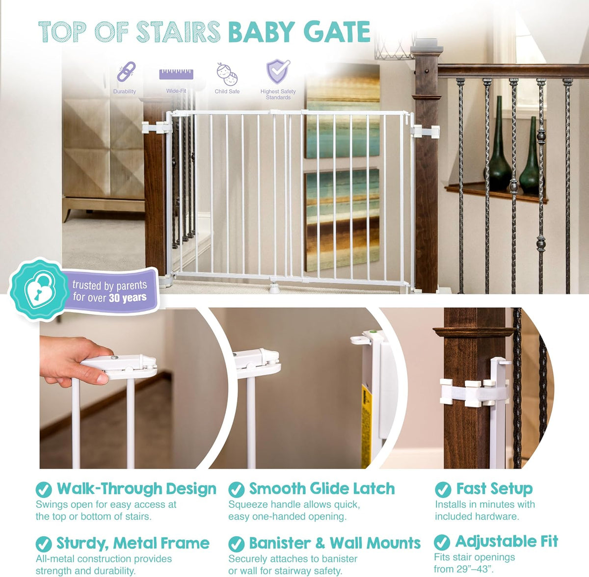 Safety 29"-43" Extra Wide Baby Gate for Top of Stairs & Dooways