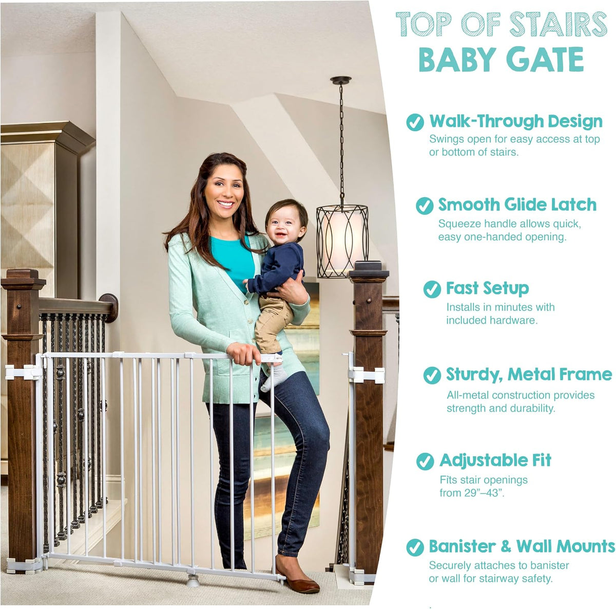 Safety 29"-43" Extra Wide Baby Gate for Top of Stairs & Dooways