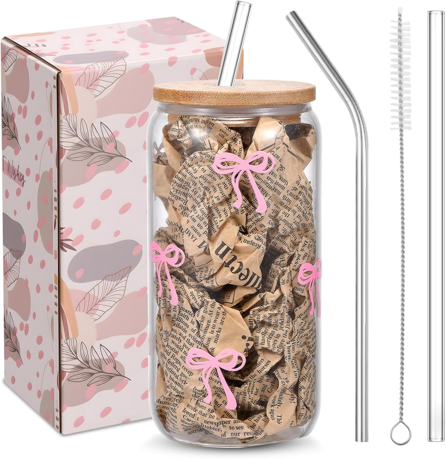 2 Pcs Cute Pink Bow Glass Cups with Lids & Straws, Aesthetic Iced Coffee Cup, Girly Preppy Design Tumbler Mug, Birthday Valentine Gifts for Women, Teen Girl Gifts Trendy Stuff 16OZ