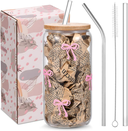 2 Pcs Cute Pink Bow Glass Cups with Lids & Straws, Aesthetic Iced Coffee Cup, Girly Preppy Design Tumbler Mug, Birthday Valentine Gifts for Women, Teen Girl Gifts Trendy Stuff 16OZ