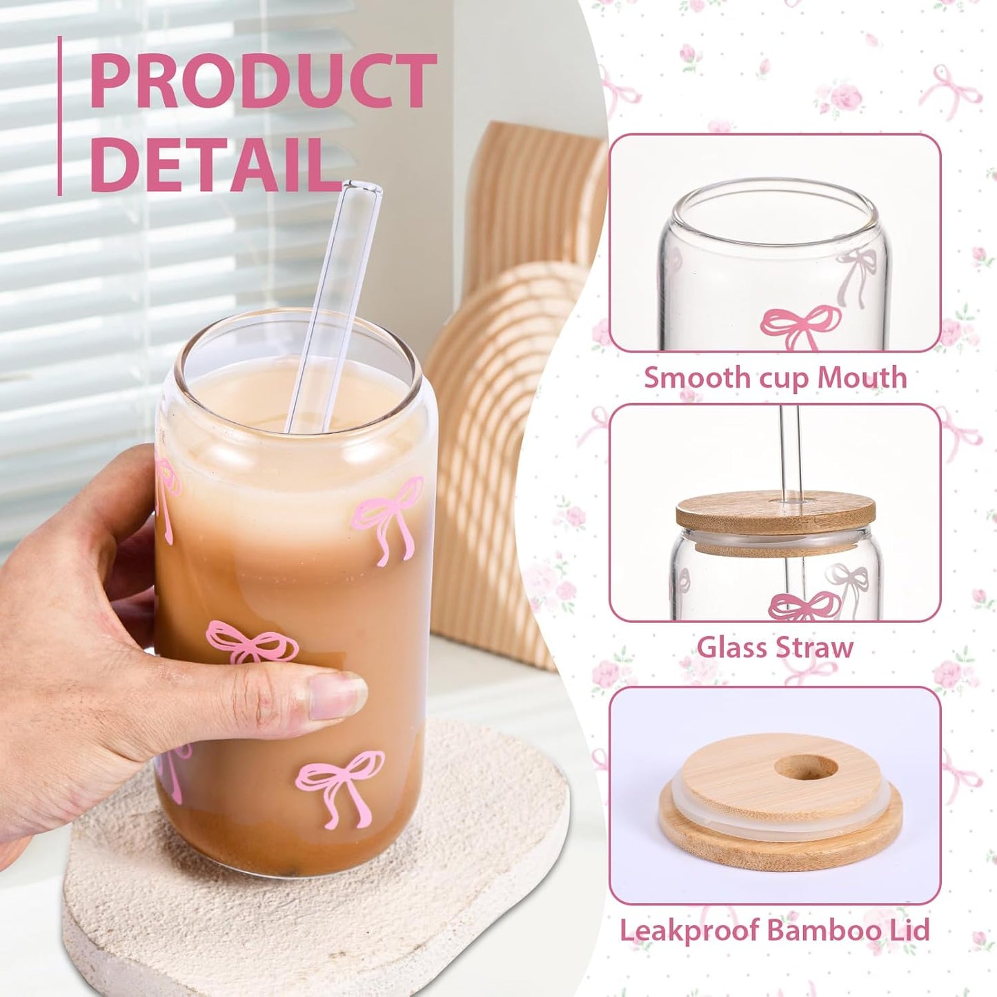 2 Pcs Cute Pink Bow Glass Cups with Lids & Straws, Aesthetic Iced Coffee Cup, Girly Preppy Design Tumbler Mug, Birthday Valentine Gifts for Women, Teen Girl Gifts Trendy Stuff 16OZ