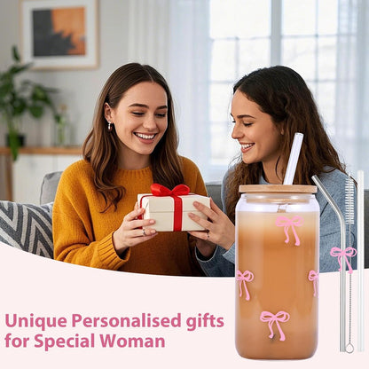 2 Pcs Cute Pink Bow Glass Cups with Lids & Straws, Aesthetic Iced Coffee Cup, Girly Preppy Design Tumbler Mug, Birthday Valentine Gifts for Women, Teen Girl Gifts Trendy Stuff 16OZ