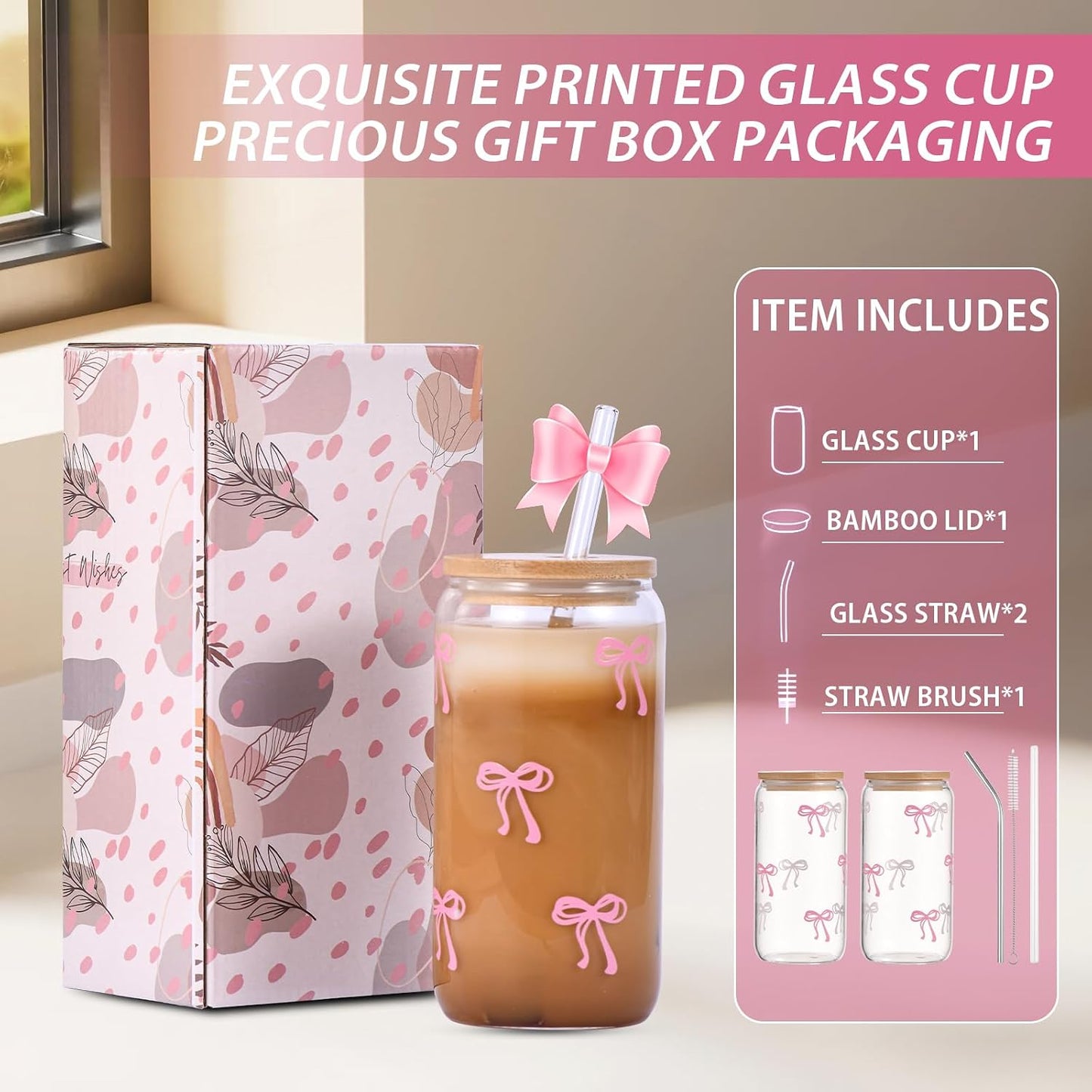 2 Pcs Cute Pink Bow Glass Cups with Lids & Straws, Aesthetic Iced Coffee Cup, Girly Preppy Design Tumbler Mug, Birthday Valentine Gifts for Women, Teen Girl Gifts Trendy Stuff 16OZ