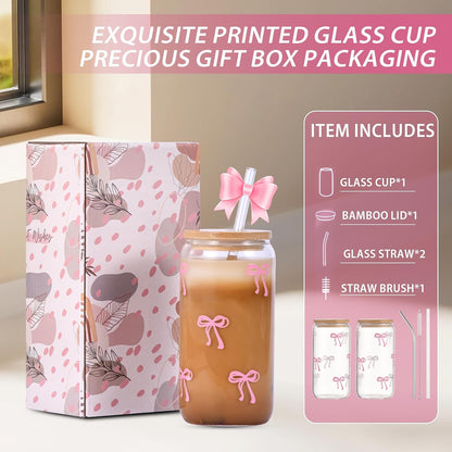 2 Pcs Cute Pink Bow Glass Cups with Lids & Straws, Aesthetic Iced Coffee Cup, Girly Preppy Design Tumbler Mug, Birthday Valentine Gifts for Women, Teen Girl Gifts Trendy Stuff 16OZ