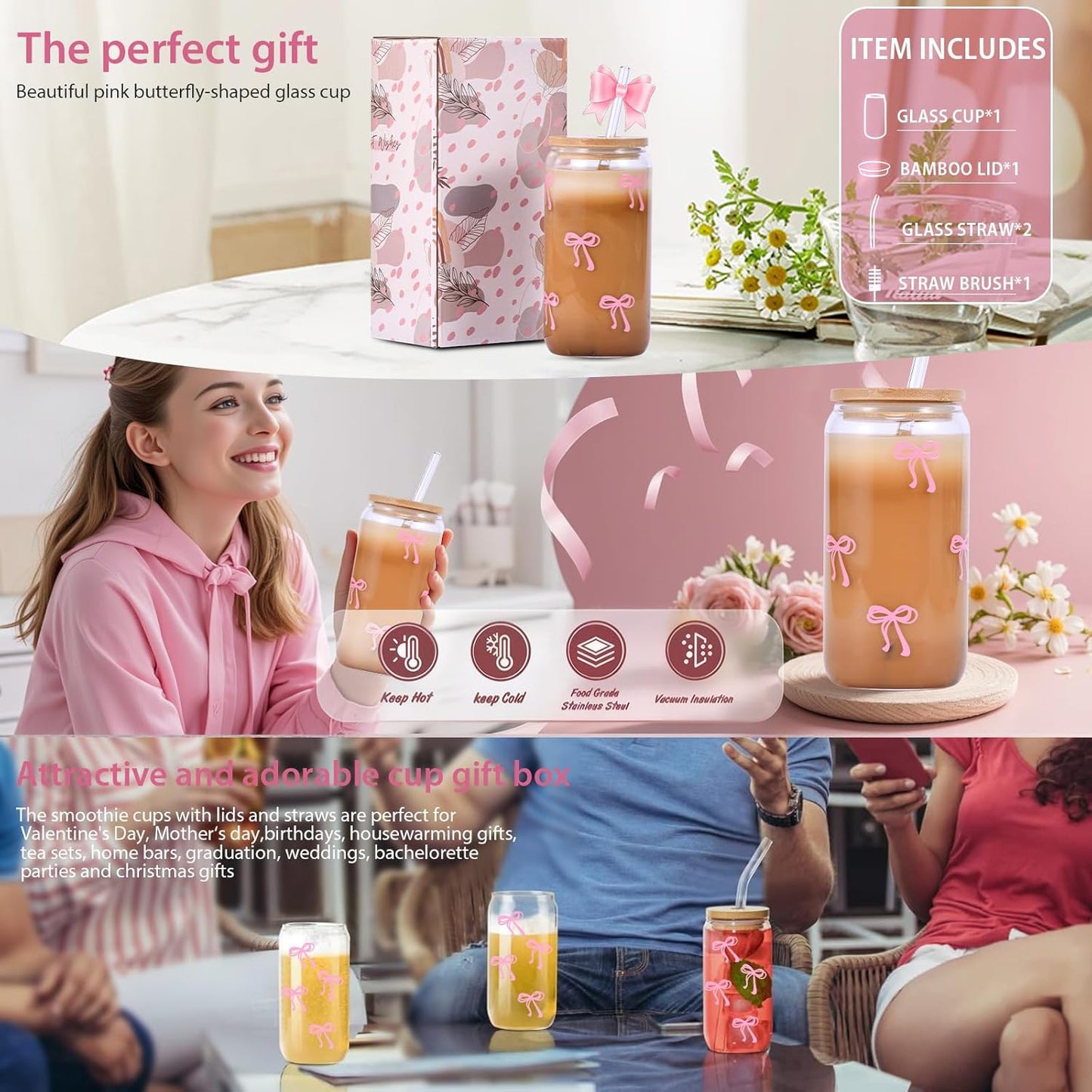 2 Pcs Cute Pink Bow Glass Cups with Lids & Straws, Aesthetic Iced Coffee Cup, Girly Preppy Design Tumbler Mug, Birthday Valentine Gifts for Women, Teen Girl Gifts Trendy Stuff 16OZ