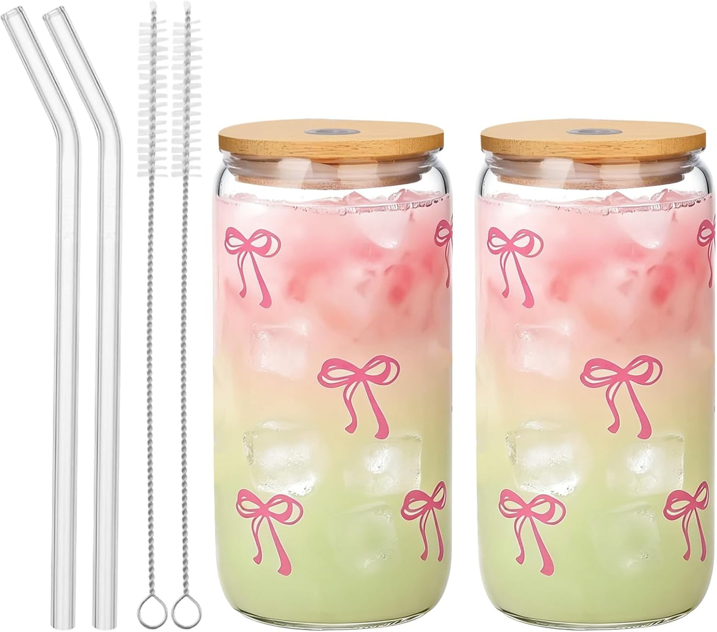 2 Pcs Cute Pink Bow Glass Cups with Lids & Straws, Aesthetic Iced Coffee Cup, Girly Preppy Design Tumbler Mug, Birthday Valentine Gifts for Women, Teen Girl Gifts Trendy Stuff 16OZ