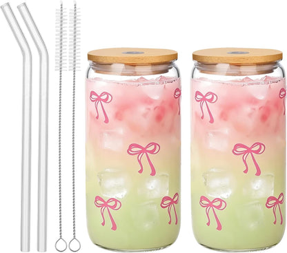 2 Pcs Cute Pink Bow Glass Cups with Lids & Straws, Aesthetic Iced Coffee Cup, Girly Preppy Design Tumbler Mug, Birthday Valentine Gifts for Women, Teen Girl Gifts Trendy Stuff 16OZ