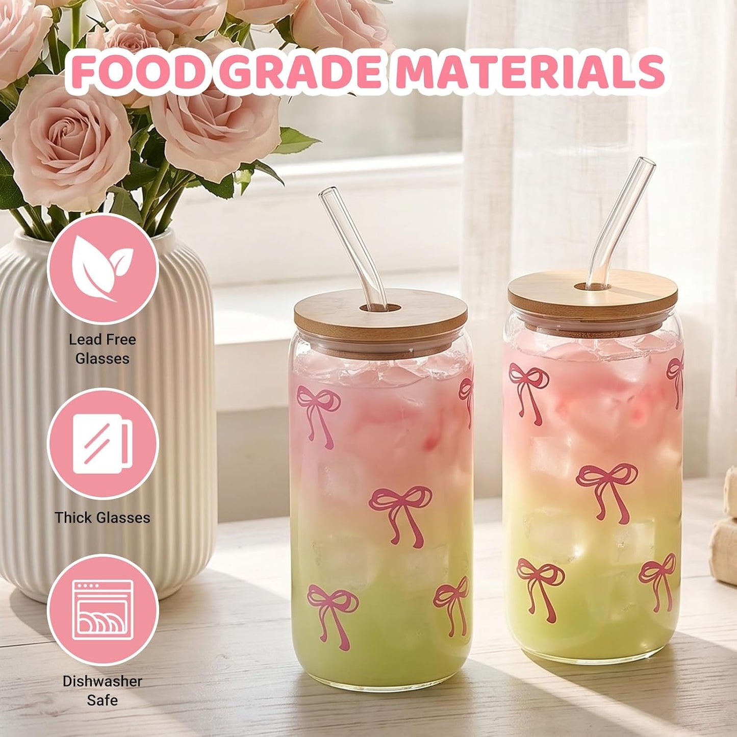 2 Pcs Cute Pink Bow Glass Cups with Lids & Straws, Aesthetic Iced Coffee Cup, Girly Preppy Design Tumbler Mug, Birthday Valentine Gifts for Women, Teen Girl Gifts Trendy Stuff 16OZ