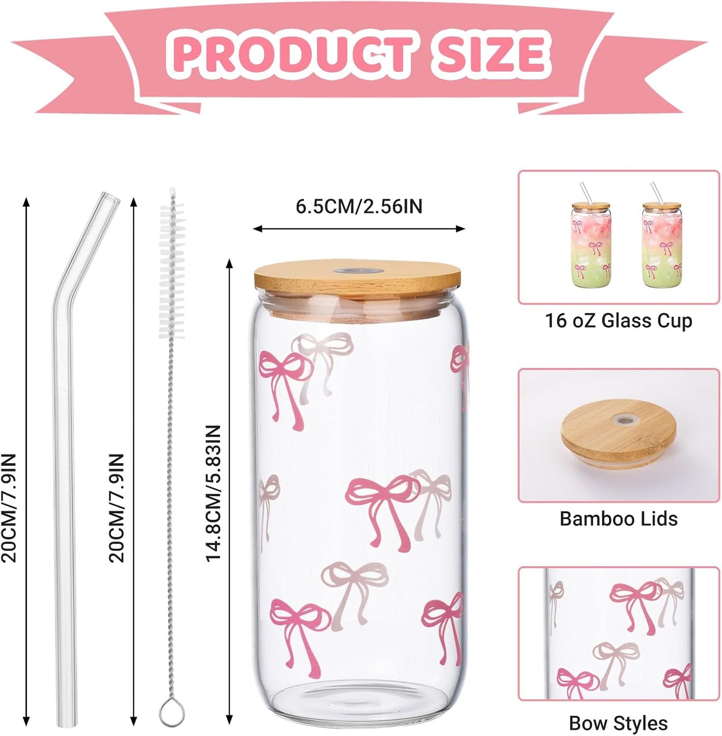 2 Pcs Cute Pink Bow Glass Cups with Lids & Straws, Aesthetic Iced Coffee Cup, Girly Preppy Design Tumbler Mug, Birthday Valentine Gifts for Women, Teen Girl Gifts Trendy Stuff 16OZ