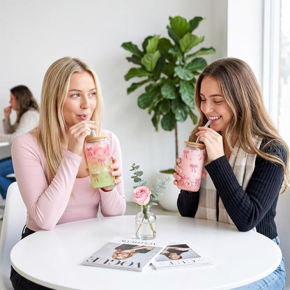 2 Pcs Cute Pink Bow Glass Cups with Lids & Straws, Aesthetic Iced Coffee Cup, Girly Preppy Design Tumbler Mug, Birthday Valentine Gifts for Women, Teen Girl Gifts Trendy Stuff 16OZ