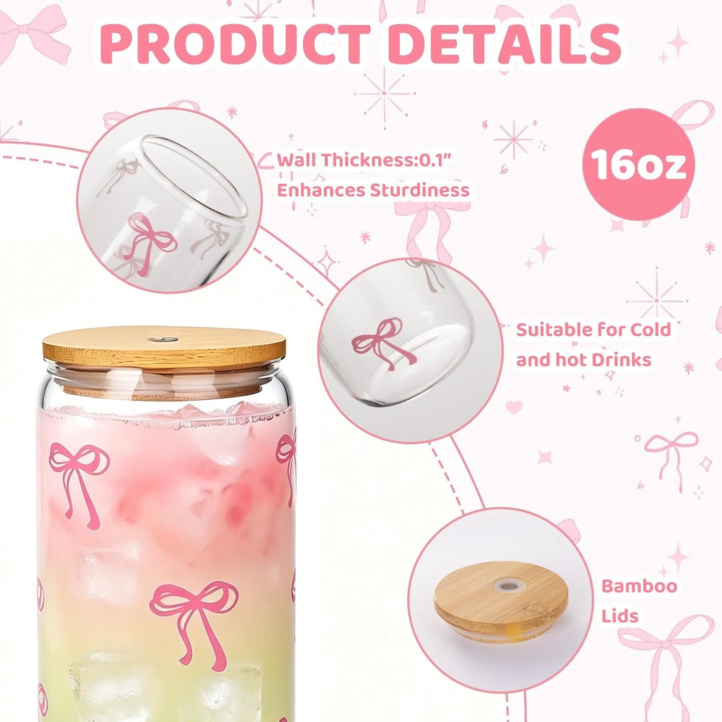 2 Pcs Cute Pink Bow Glass Cups with Lids & Straws, Aesthetic Iced Coffee Cup, Girly Preppy Design Tumbler Mug, Birthday Valentine Gifts for Women, Teen Girl Gifts Trendy Stuff 16OZ