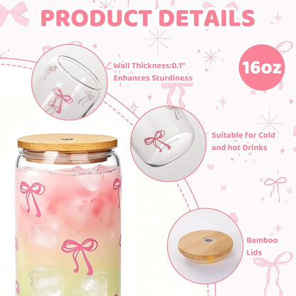 2 Pcs Cute Pink Bow Glass Cups with Lids & Straws, Aesthetic Iced Coffee Cup, Girly Preppy Design Tumbler Mug, Birthday Valentine Gifts for Women, Teen Girl Gifts Trendy Stuff 16OZ