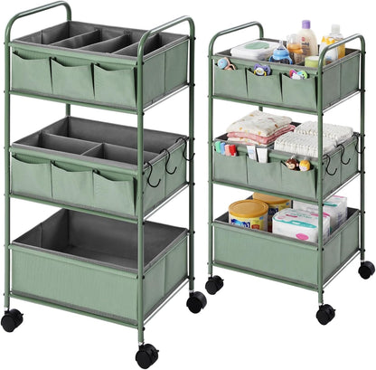 WILLBOND 3 Tier Pink Baby Diaper Caddy Organizer Cart with 4+3 Dividers Large Capacity Metal Utility Bedside Rolling Cart Newborn Registry Nursery Essential Must Have Crib Bedroom Baby Shower