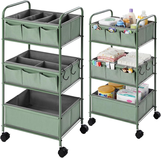 WILLBOND 3 Tier Pink Baby Diaper Caddy Organizer Cart with 4+3 Dividers Large Capacity Metal Utility Bedside Rolling Cart Newborn Registry Nursery Essential Must Have Crib Bedroom Baby Shower