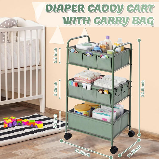 WILLBOND 3 Tier Pink Baby Diaper Caddy Organizer Cart with 4+3 Dividers Large Capacity Metal Utility Bedside Rolling Cart Newborn Registry Nursery Essential Must Have Crib Bedroom Baby Shower