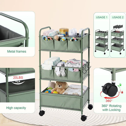 WILLBOND 3 Tier Pink Baby Diaper Caddy Organizer Cart with 4+3 Dividers Large Capacity Metal Utility Bedside Rolling Cart Newborn Registry Nursery Essential Must Have Crib Bedroom Baby Shower
