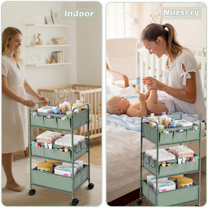 WILLBOND 3 Tier Pink Baby Diaper Caddy Organizer Cart with 4+3 Dividers Large Capacity Metal Utility Bedside Rolling Cart Newborn Registry Nursery Essential Must Have Crib Bedroom Baby Shower
