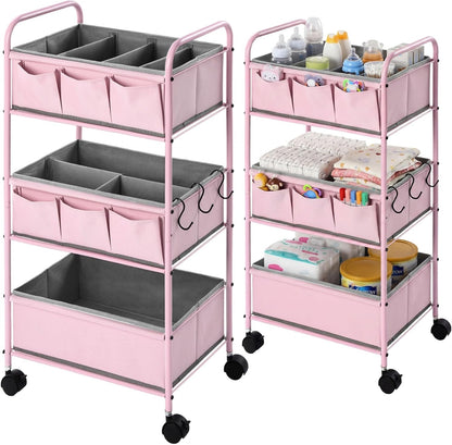 WILLBOND 3 Tier Pink Baby Diaper Caddy Organizer Cart with 4+3 Dividers Large Capacity Metal Utility Bedside Rolling Cart Newborn Registry Nursery Essential Must Have Crib Bedroom Baby Shower