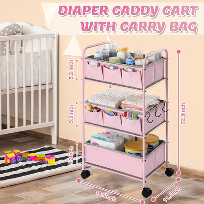 WILLBOND 3 Tier Pink Baby Diaper Caddy Organizer Cart with 4+3 Dividers Large Capacity Metal Utility Bedside Rolling Cart Newborn Registry Nursery Essential Must Have Crib Bedroom Baby Shower