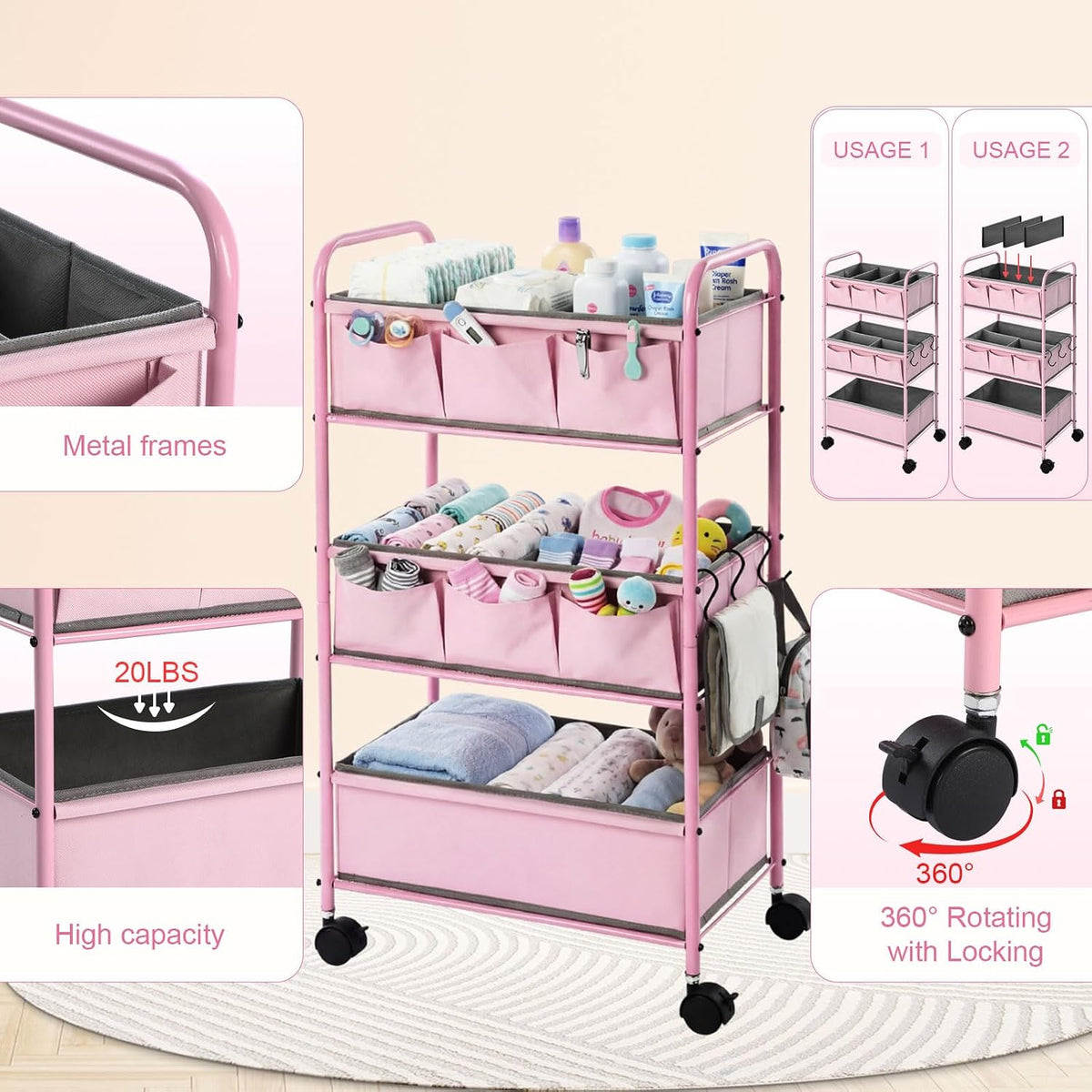 WILLBOND 3 Tier Pink Baby Diaper Caddy Organizer Cart with 4+3 Dividers Large Capacity Metal Utility Bedside Rolling Cart Newborn Registry Nursery Essential Must Have Crib Bedroom Baby Shower