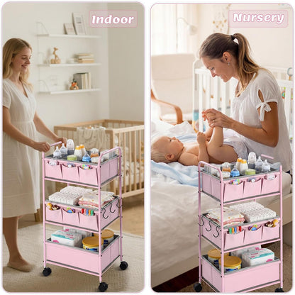 WILLBOND 3 Tier Pink Baby Diaper Caddy Organizer Cart with 4+3 Dividers Large Capacity Metal Utility Bedside Rolling Cart Newborn Registry Nursery Essential Must Have Crib Bedroom Baby Shower
