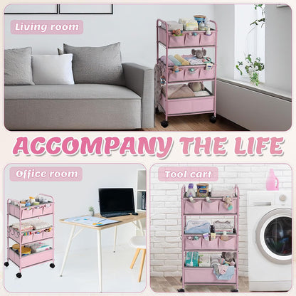 WILLBOND 3 Tier Pink Baby Diaper Caddy Organizer Cart with 4+3 Dividers Large Capacity Metal Utility Bedside Rolling Cart Newborn Registry Nursery Essential Must Have Crib Bedroom Baby Shower