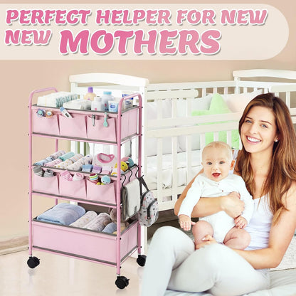 WILLBOND 3 Tier Pink Baby Diaper Caddy Organizer Cart with 4+3 Dividers Large Capacity Metal Utility Bedside Rolling Cart Newborn Registry Nursery Essential Must Have Crib Bedroom Baby Shower