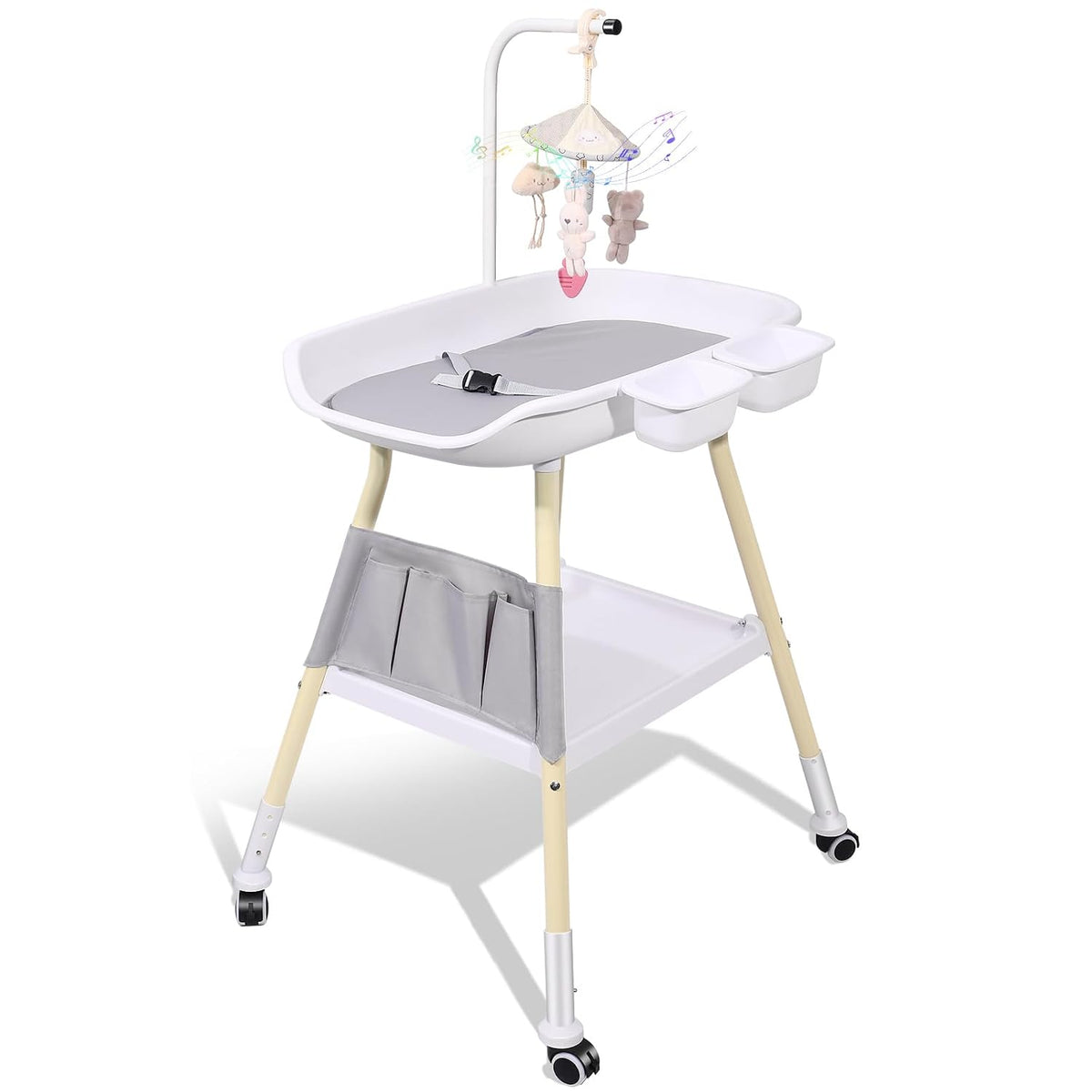 Baby Changing Table, Adjustable Height Diaper Changing Station with Baby Crib Mobile, Changing Pad, Nursery Organizer and Large Storage Rack for Infant and Newborn