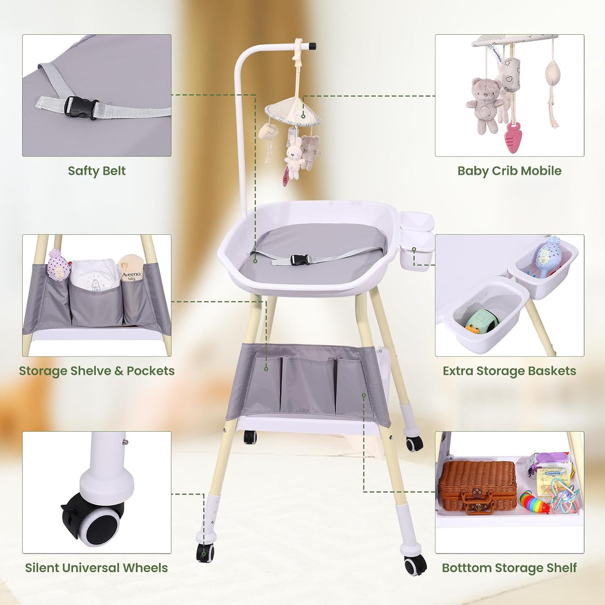 Baby Changing Table, Adjustable Height Diaper Changing Station with Baby Crib Mobile, Changing Pad, Nursery Organizer and Large Storage Rack for Infant and Newborn