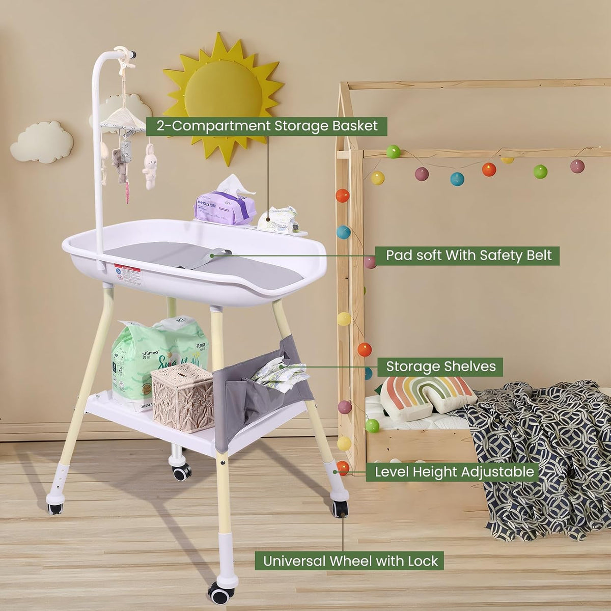 Baby Changing Table, Adjustable Height Diaper Changing Station with Baby Crib Mobile, Changing Pad, Nursery Organizer and Large Storage Rack for Infant and Newborn