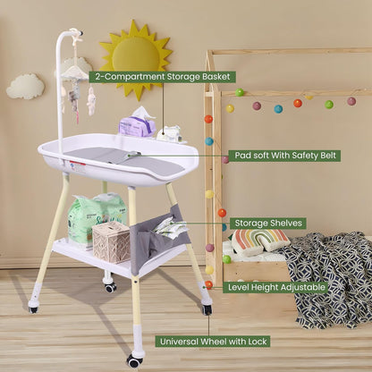 Baby Changing Table, Adjustable Height Diaper Changing Station with Baby Crib Mobile, Changing Pad, Nursery Organizer and Large Storage Rack for Infant and Newborn