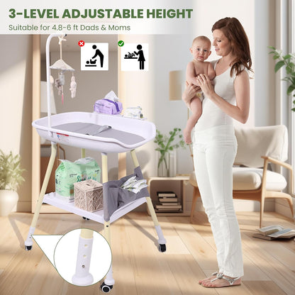 Baby Changing Table, Adjustable Height Diaper Changing Station with Baby Crib Mobile, Changing Pad, Nursery Organizer and Large Storage Rack for Infant and Newborn
