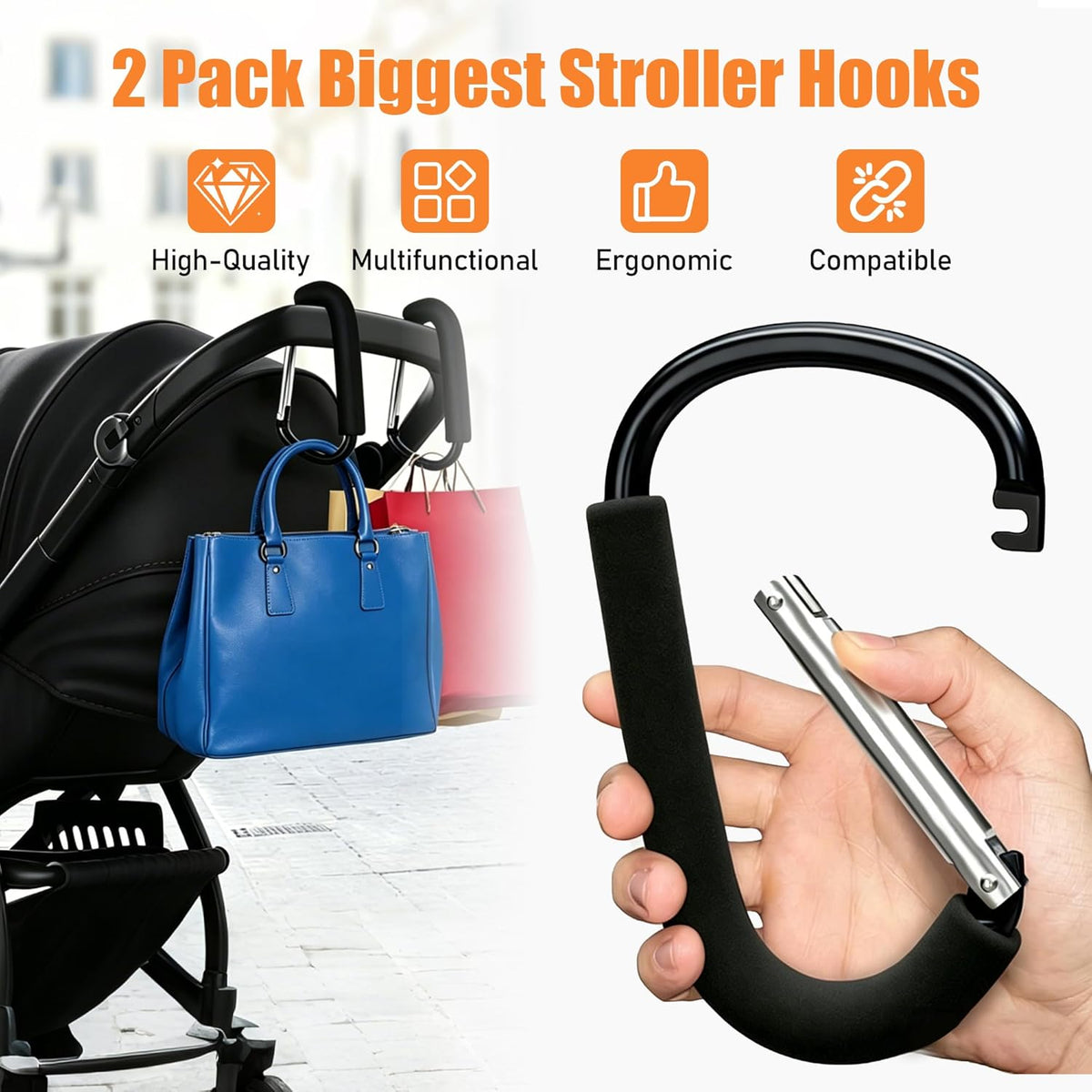 2 Pack Stroller Hooks, 6.3" Universal Stroller Clips, Large Carabiner Clip for Hanging Diaper Bags, Purse Grocery, and Shopping Bags