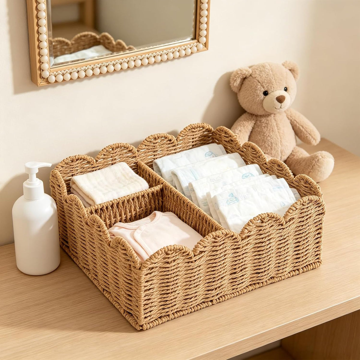 Rattan Divided Scalloped Basket,Wicker Diaper Caddy Scalloped Baske,Woven Natural Basket with 4 Dividers,Suitable for Baby Rooms, Bathrooms, Bedrooms (Rattan)