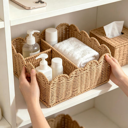 Rattan Divided Scalloped Basket,Wicker Diaper Caddy Scalloped Baske,Woven Natural Basket with 4 Dividers,Suitable for Baby Rooms, Bathrooms, Bedrooms (Rattan)