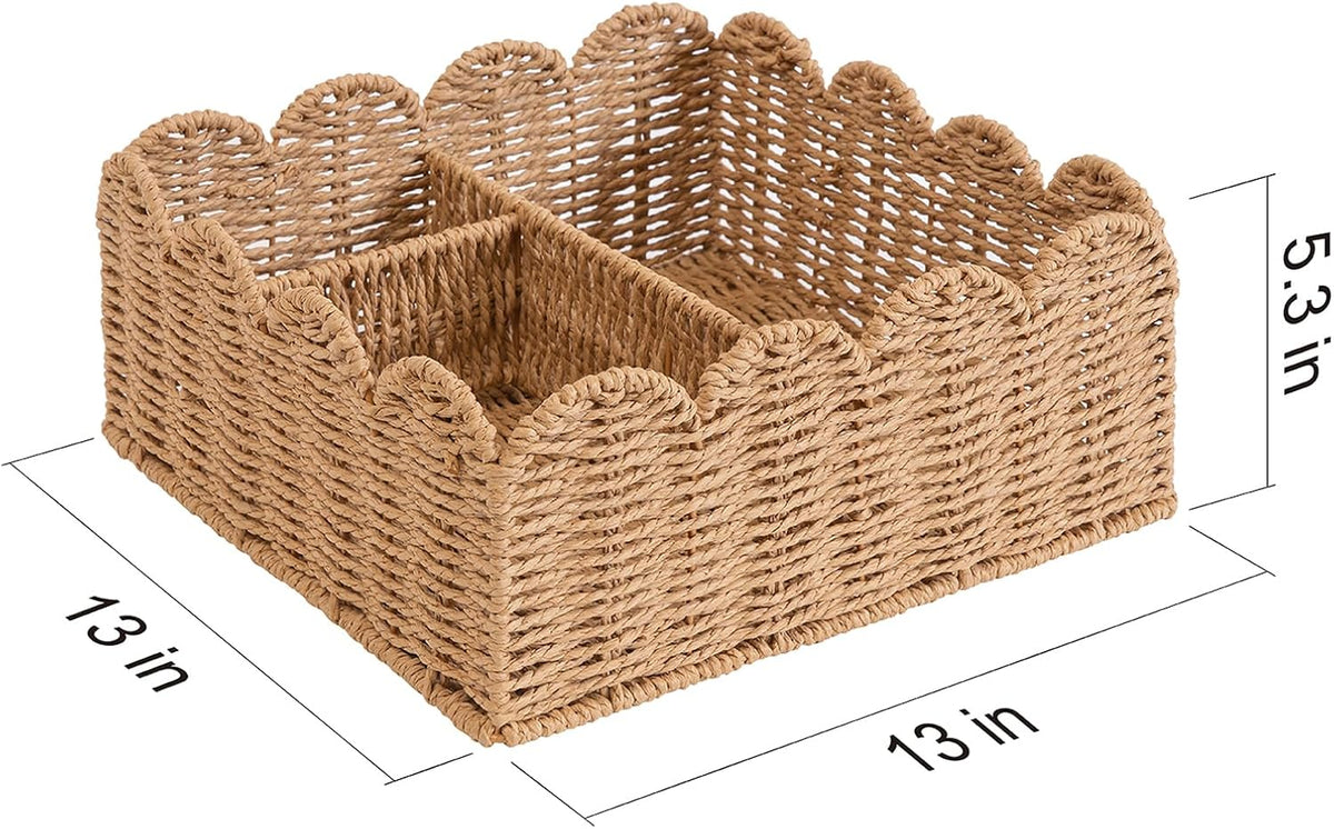 Rattan Divided Scalloped Basket,Wicker Diaper Caddy Scalloped Baske,Woven Natural Basket with 4 Dividers,Suitable for Baby Rooms, Bathrooms, Bedrooms (Rattan)