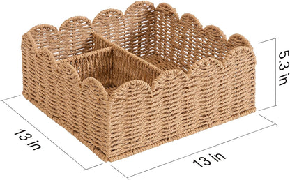 Rattan Divided Scalloped Basket,Wicker Diaper Caddy Scalloped Baske,Woven Natural Basket with 4 Dividers,Suitable for Baby Rooms, Bathrooms, Bedrooms (Rattan)