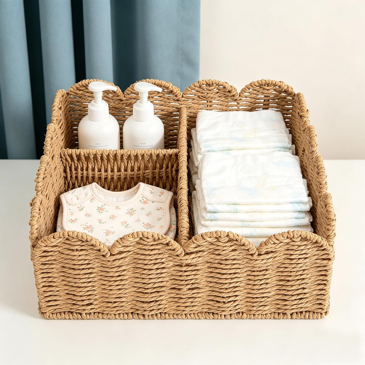 Rattan Divided Scalloped Basket,Wicker Diaper Caddy Scalloped Baske,Woven Natural Basket with 4 Dividers,Suitable for Baby Rooms, Bathrooms, Bedrooms (Rattan)