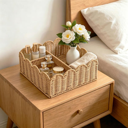 Rattan Divided Scalloped Basket,Wicker Diaper Caddy Scalloped Baske,Woven Natural Basket with 4 Dividers,Suitable for Baby Rooms, Bathrooms, Bedrooms (Rattan)