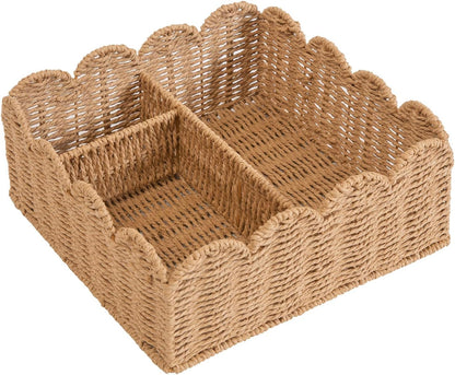 Rattan Divided Scalloped Basket,Wicker Diaper Caddy Scalloped Baske,Woven Natural Basket with 4 Dividers,Suitable for Baby Rooms, Bathrooms, Bedrooms (Rattan)