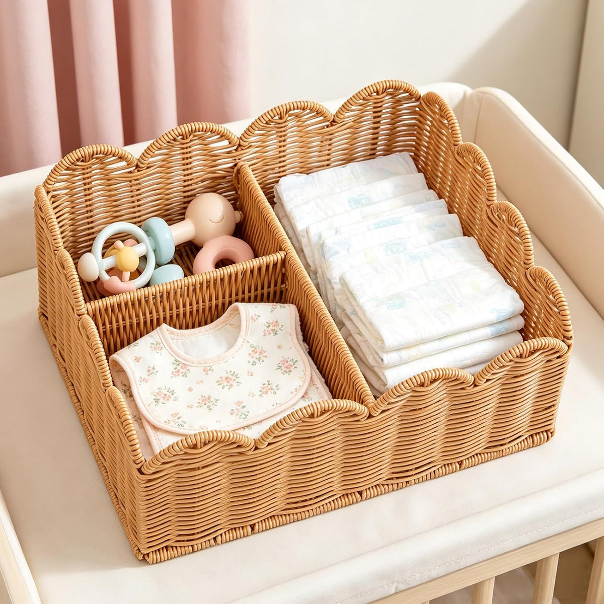 Rattan Divided Scalloped Basket,Wicker Diaper Caddy Scalloped Baske,Woven Natural Basket with 4 Dividers,Suitable for Baby Rooms, Bathrooms, Bedrooms (Rattan)