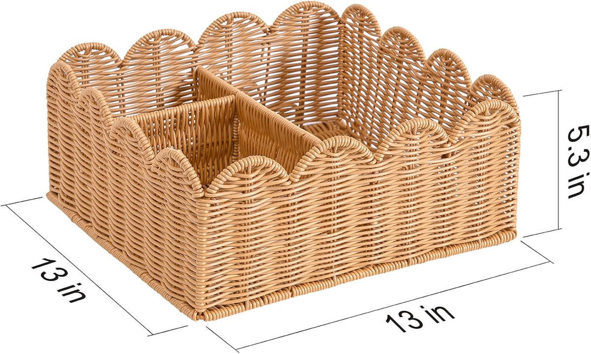 Rattan Divided Scalloped Basket,Wicker Diaper Caddy Scalloped Baske,Woven Natural Basket with 4 Dividers,Suitable for Baby Rooms, Bathrooms, Bedrooms (Rattan)