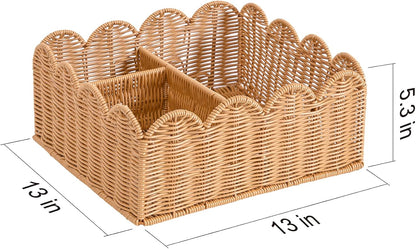 Rattan Divided Scalloped Basket,Wicker Diaper Caddy Scalloped Baske,Woven Natural Basket with 4 Dividers,Suitable for Baby Rooms, Bathrooms, Bedrooms (Rattan)