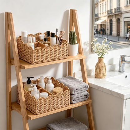 Rattan Divided Scalloped Basket,Wicker Diaper Caddy Scalloped Baske,Woven Natural Basket with 4 Dividers,Suitable for Baby Rooms, Bathrooms, Bedrooms (Rattan)