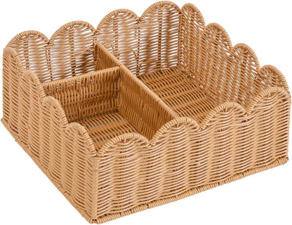 Rattan Divided Scalloped Basket,Wicker Diaper Caddy Scalloped Baske,Woven Natural Basket with 4 Dividers,Suitable for Baby Rooms, Bathrooms, Bedrooms (Rattan)
