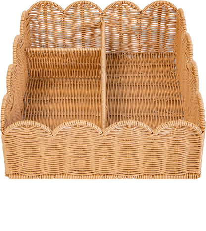 Rattan Divided Scalloped Basket,Wicker Diaper Caddy Scalloped Baske,Woven Natural Basket with 4 Dividers,Suitable for Baby Rooms, Bathrooms, Bedrooms (Rattan)