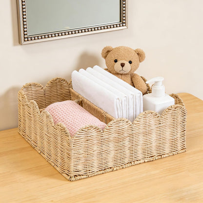 Rattan Divided Scalloped Basket,Wicker Diaper Caddy Scalloped Baske,Woven Natural Basket with 4 Dividers,Suitable for Baby Rooms, Bathrooms, Bedrooms (Rattan)